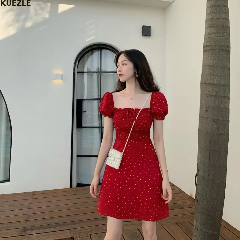 

Retro Dress Vestidos Women French Dot Summer Prairie Chic Vacation A-line Empire Girls Clothes Square Collar Vintage Sundress