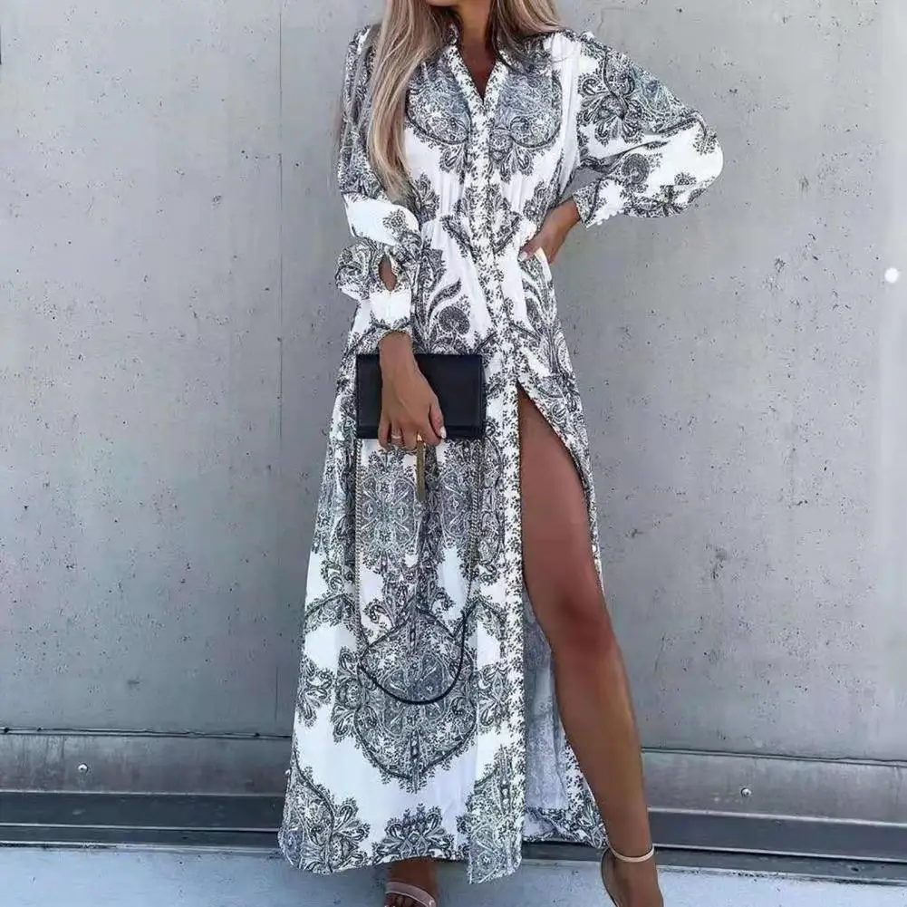 

2022 Spring Summer Elegant Slit Chic New Dress Fashion Retro Printed Casual V-Neck Party Dress Women Sexy Slim Maxi Dresses