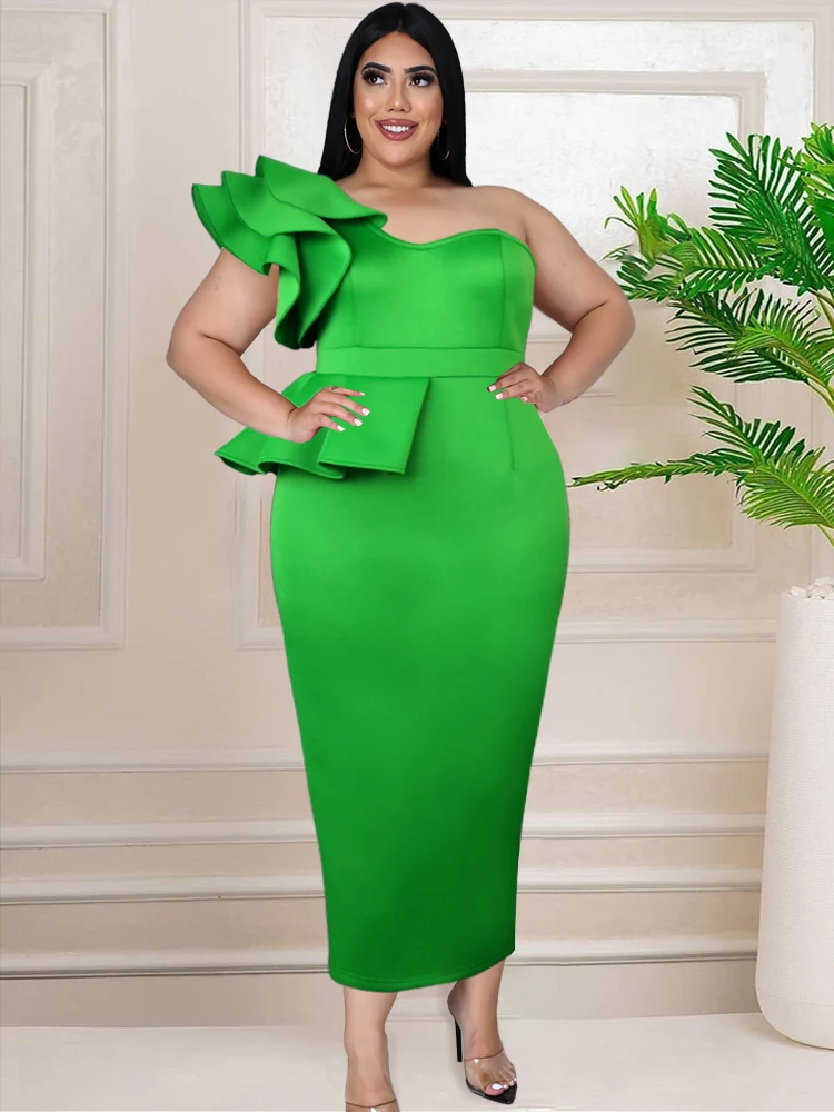 Plus Size 4XL Party Dress Women One Shoulder Ruffles Peplum Christmas Evening Gown Event Occasion Wedding Guest African New Robe