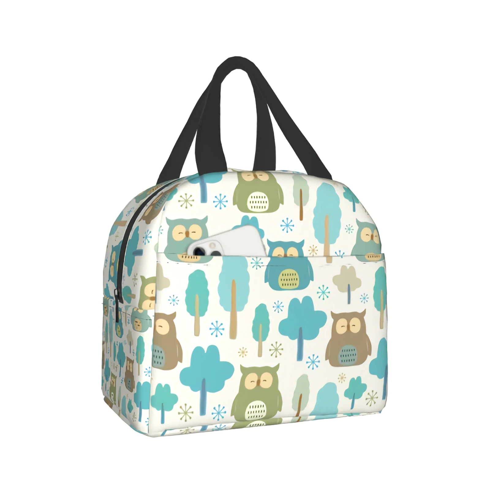 

Милые совы с весенними деревьями, портативная изолированная сумка-тоут для ланча, водонепроницаемая многоразовая сумка для ланча с милым рисунком дикого леса и животных