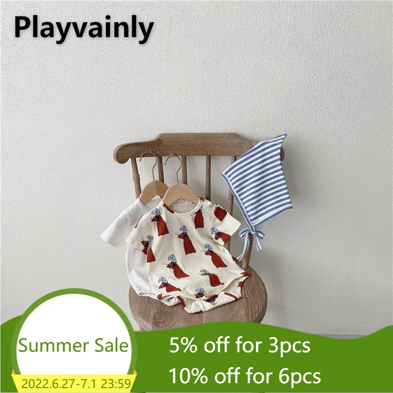 

2021 Summer Baby Boy Girl Cartoon Cotton short Sleeve Jumpsuit Send hat Newborn Clothing 0-2T E100157