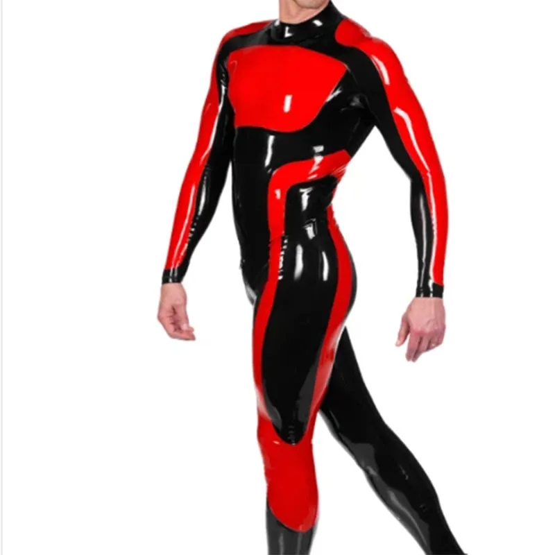 

Handmade Male Fashion Latex Catsuit Fetish Back Zip Black with Red 0.4mm Rubber Size XXS-XXL for Men