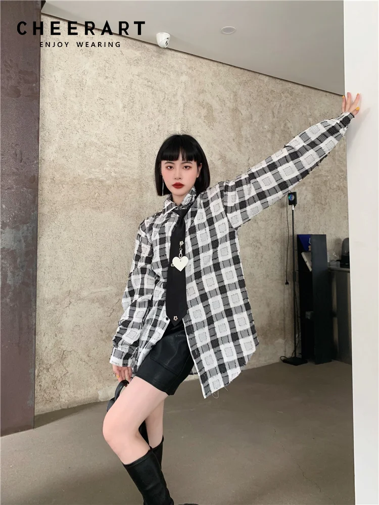 

CHEERART Korean Streetwear Plaid White Button Up Oversized Shirt For Women With Necktie Long Sleeve Top And Blouse Clothing