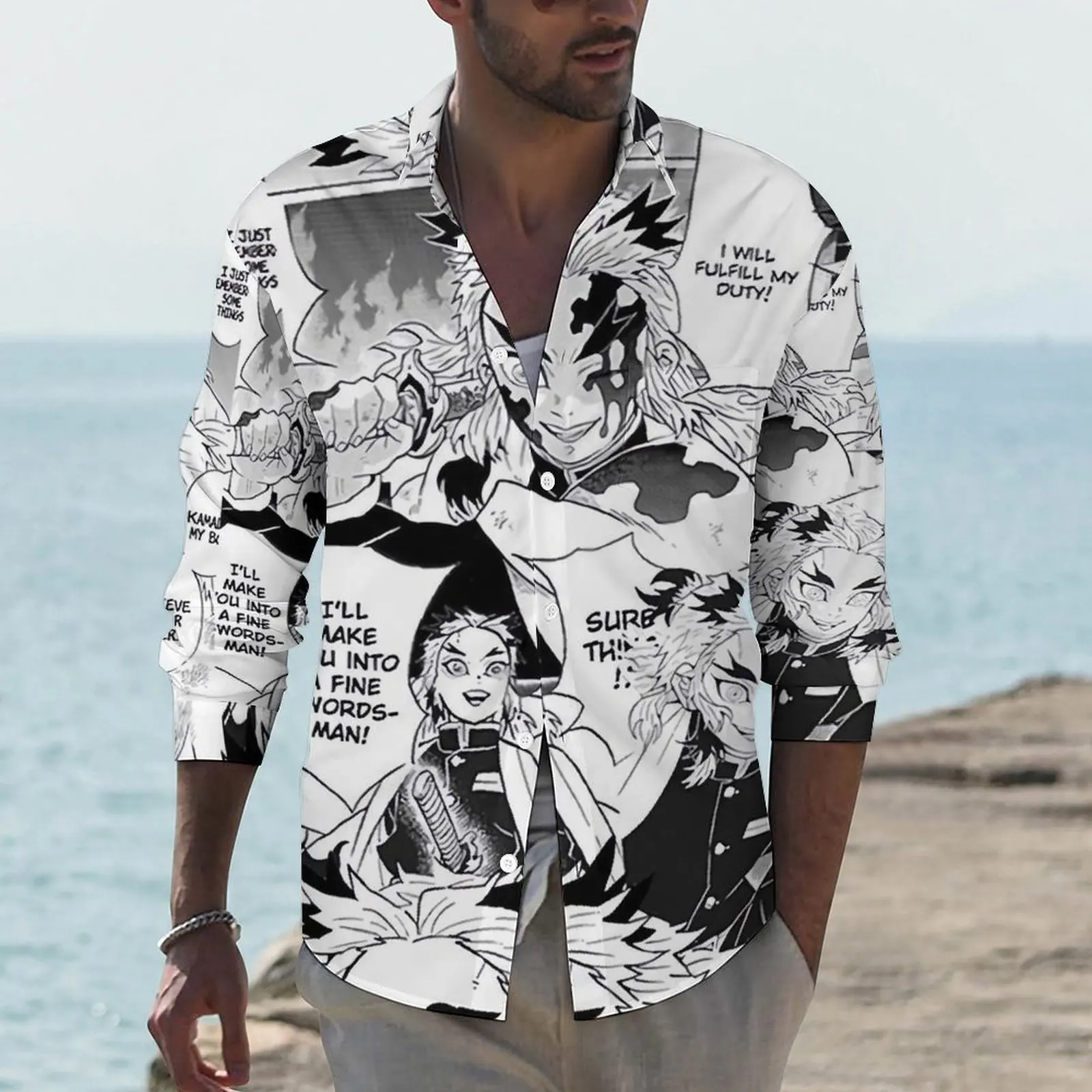 

Demon Slayer Rengoku Shirt Autumn Funny Anime Casual Shirts Men Fashion Blouses Long Sleeve Design Funny Clothing Plus Size 4XL