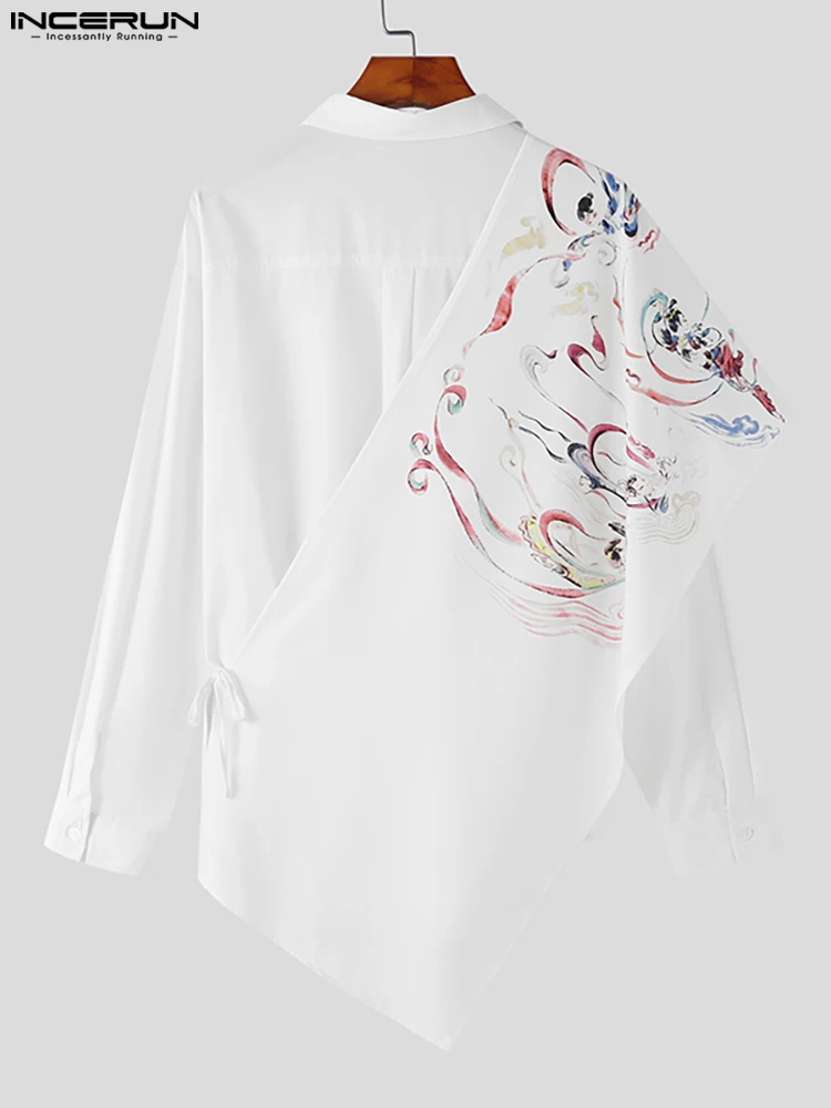 INCERUN Tops 2022 Chinese Style Men's Printing Shawl Blouse Casual Streetwear Male Fake Two Piece Loose Long Sleeve Shirts S-5XL