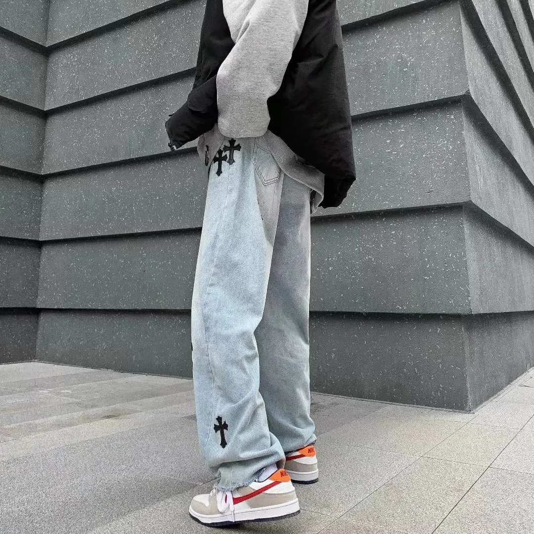 Four Seasons Trousers Men's Jeans High Street Denim Cross Straight Loose Pants Fashion Streetwear Boyfriend Jeans Ins Hot Sale