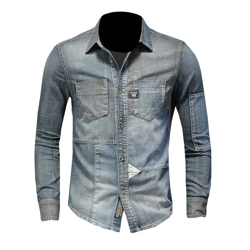Men Vintage Classic Casual Jeans Shirts Patchwork Long Sleeves Blue Denim Shirts For Male High Quality