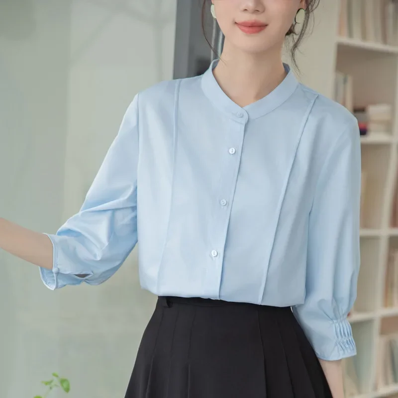 Элегантная женская рубашка с воротником-стойкой и рукавами семь половин элитный