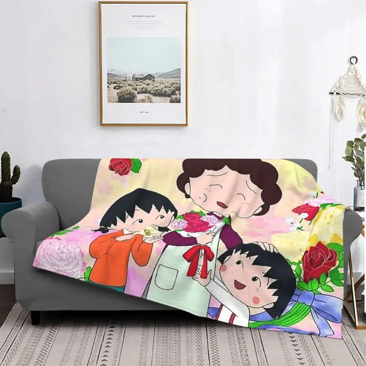

Chibi Maruko Chan Sakura Kyoko Blankets Flannel All Season Cartoon Animation Plaid Throw Blanket for Bed Travel Plush Thin Quilt