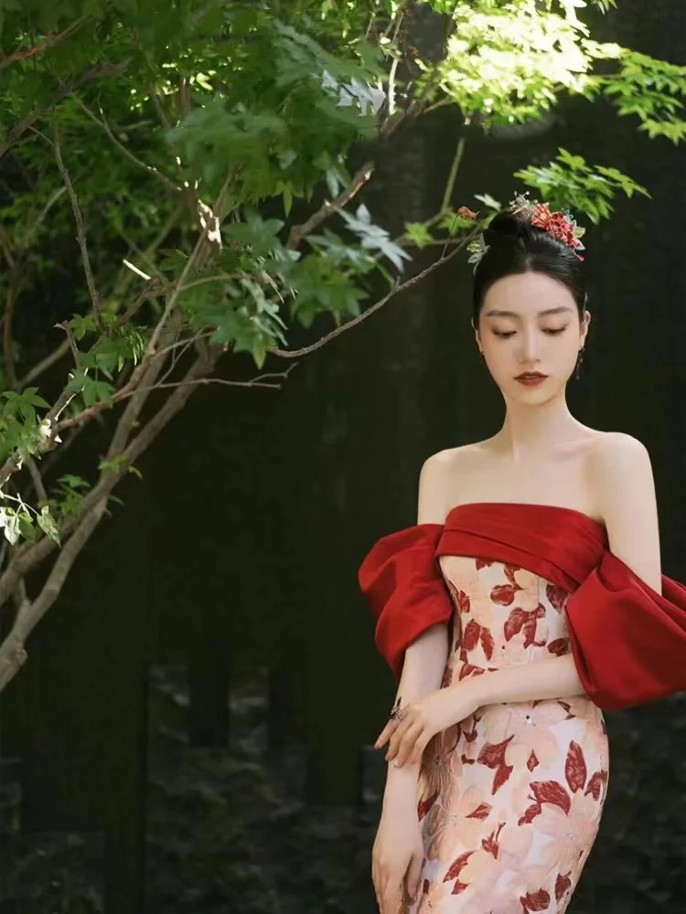 

Red Flowers Jacquard Prom Dresses Off The Shoulder Boat Neck Backless Back Zipper Slim Long Party Formal Female Engagement Gowns