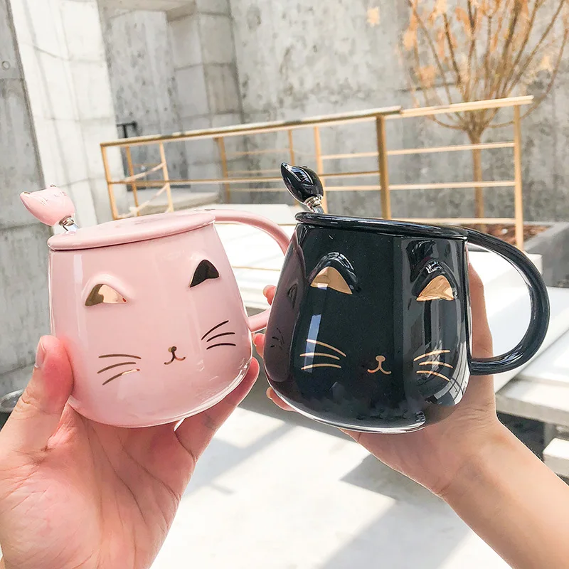

Керамические кружки с изображением кошки, кружка для кофе ручной работы с золотым мультяшным рисунком, креативная посуда для напитков, чашк...