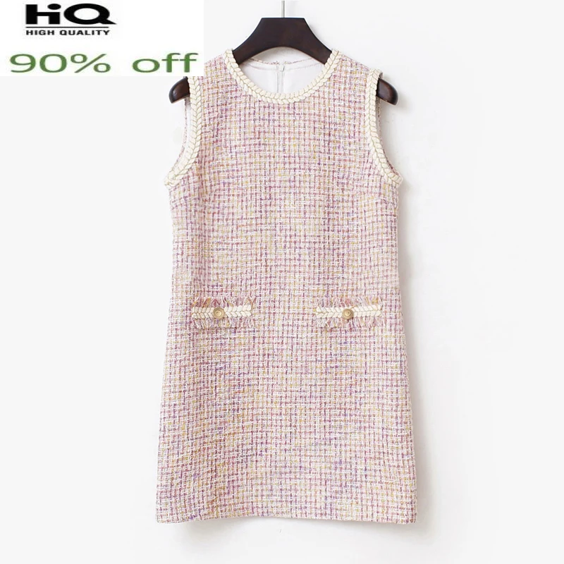 

/summer Spring women's all-match small fragrance style ladies Pink tweed new sleeveless Mini dress