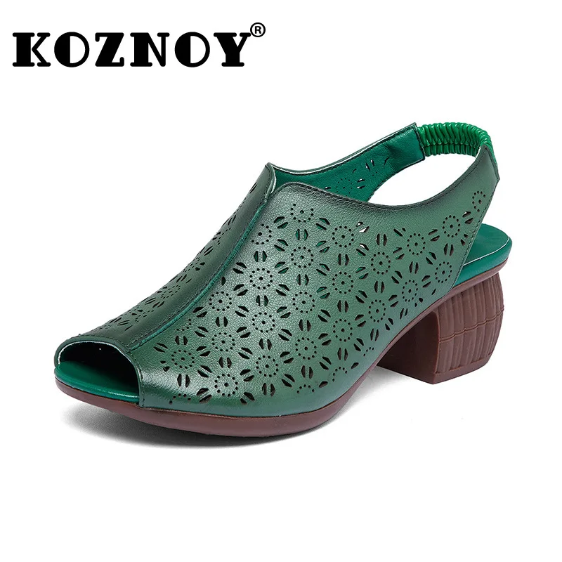 

Koznoy 5cm Retro Genuine Leather Ethnic Comfy Summer Mom Sandals Women Hollow High Heel Elastic Band Fishmouth Slipon Soft Shoes