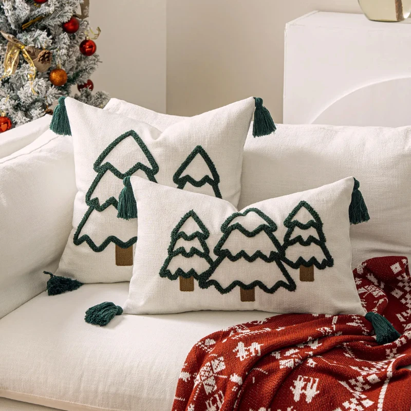 Чехол для подушки Efundeal с вышивкой Рождество белый бежевый зеленый