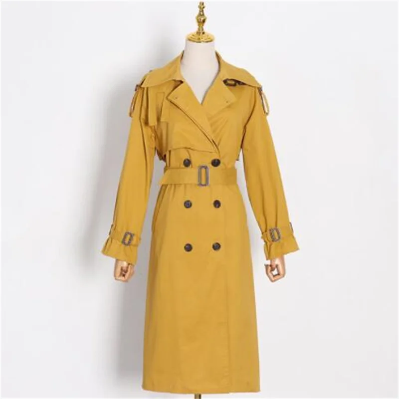 Spring windbreaker trench coat women's fashion casual lapel double-breasted lace-up mid-length clothes khaki yellow grey autumn