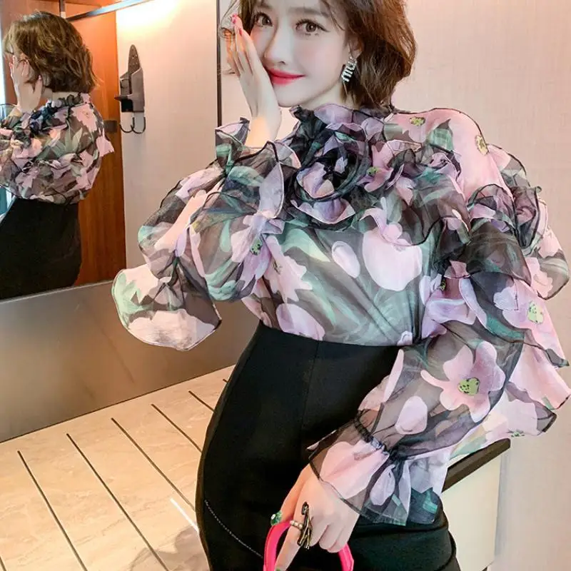 

Vintage Boho Romantic Black Flower Print Ruffles Flower Elegant Blouse Female Chiffion Long Sleeve Shirt Top 2023 Autumn Fashion