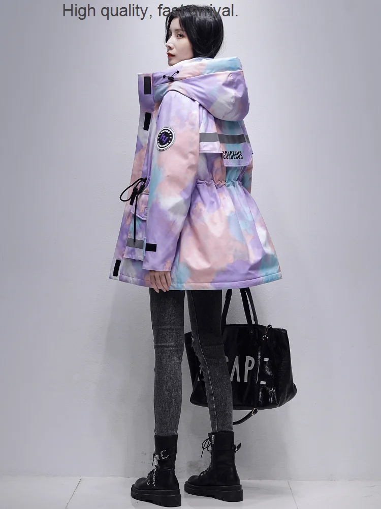 Женский пуховик средней длины зимняя новая модная Толстая парка контрастных