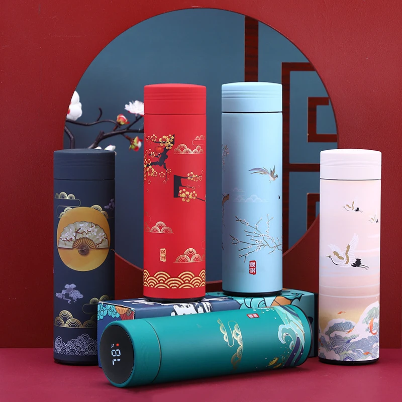 

500ml Chinese Style Thermos Drinking Cup Water Bottle Temperature Display Stainless Steel Vacuum Flask Portable Coffee Mug