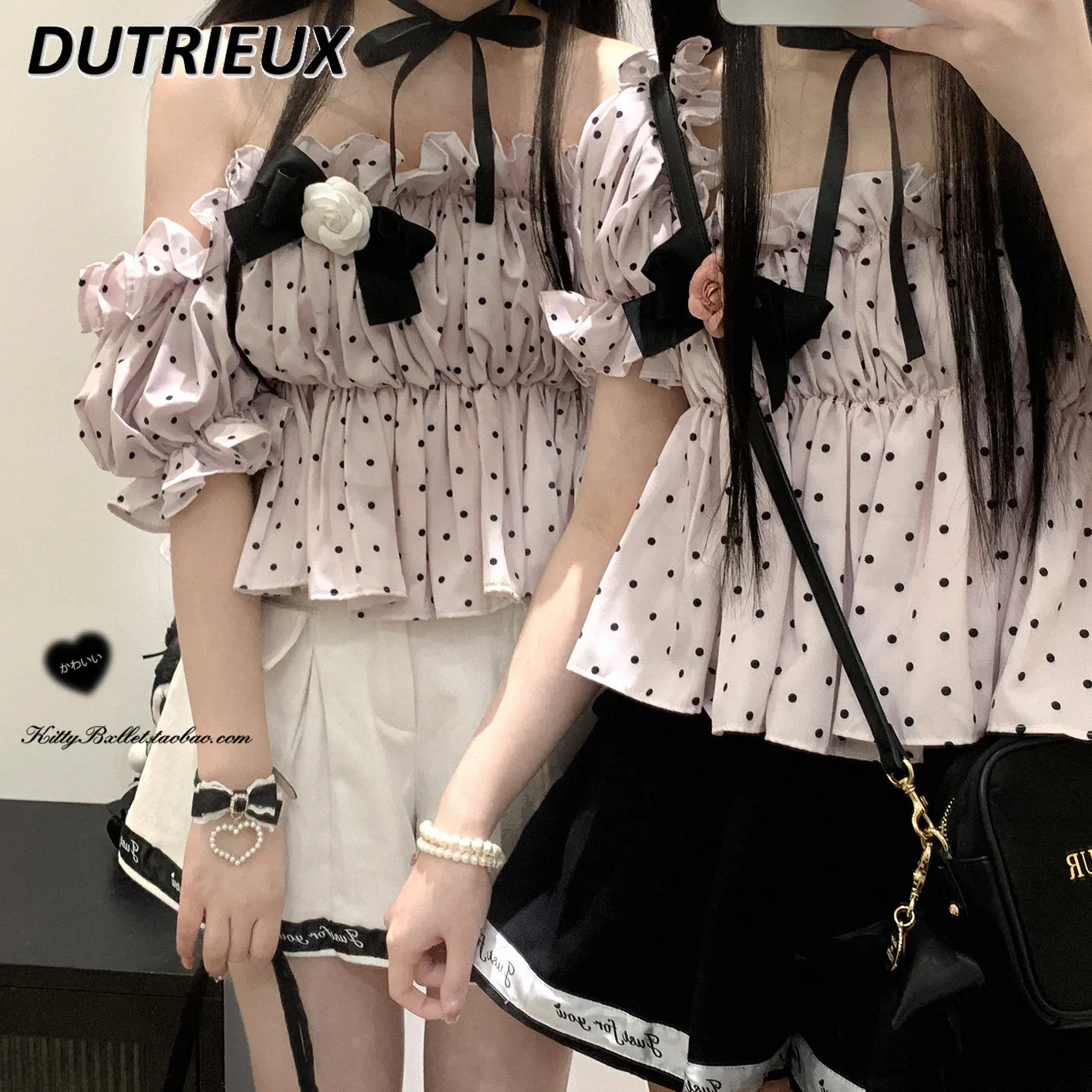 

Женская рубашка в горошек, милая свободная короткая блузка в японском стиле с открытыми плечами, Женский приталенный летний топ с коротким рукавом