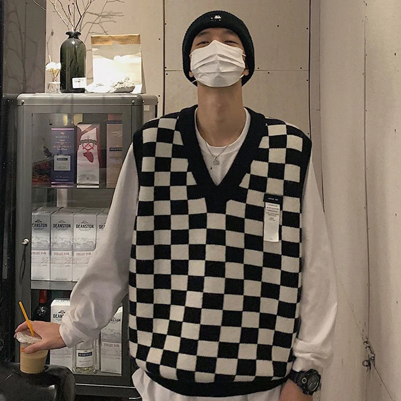 

Black Sweater White Knitted Men Print Casual Harajuku Plaid Fashion Autumn Checkerboard Winter Vest Preppy Neck Oversize Style