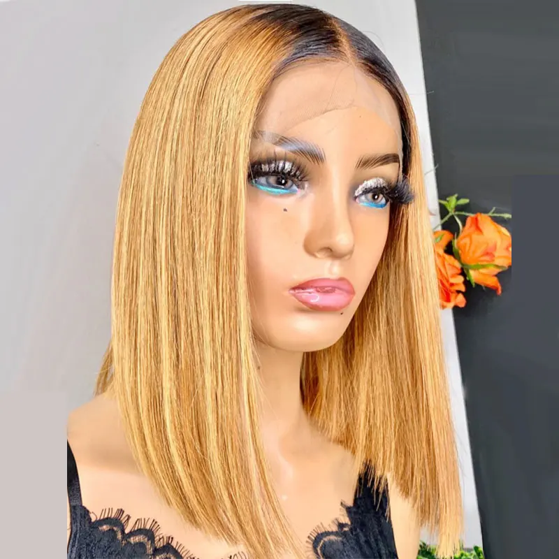 1B27  Short Bob Straight Human Hair Wig Pre Plucked Ombre Blonde 13x4 HD Lace Front Wig For Black Women Baby Hair Glueless Wig