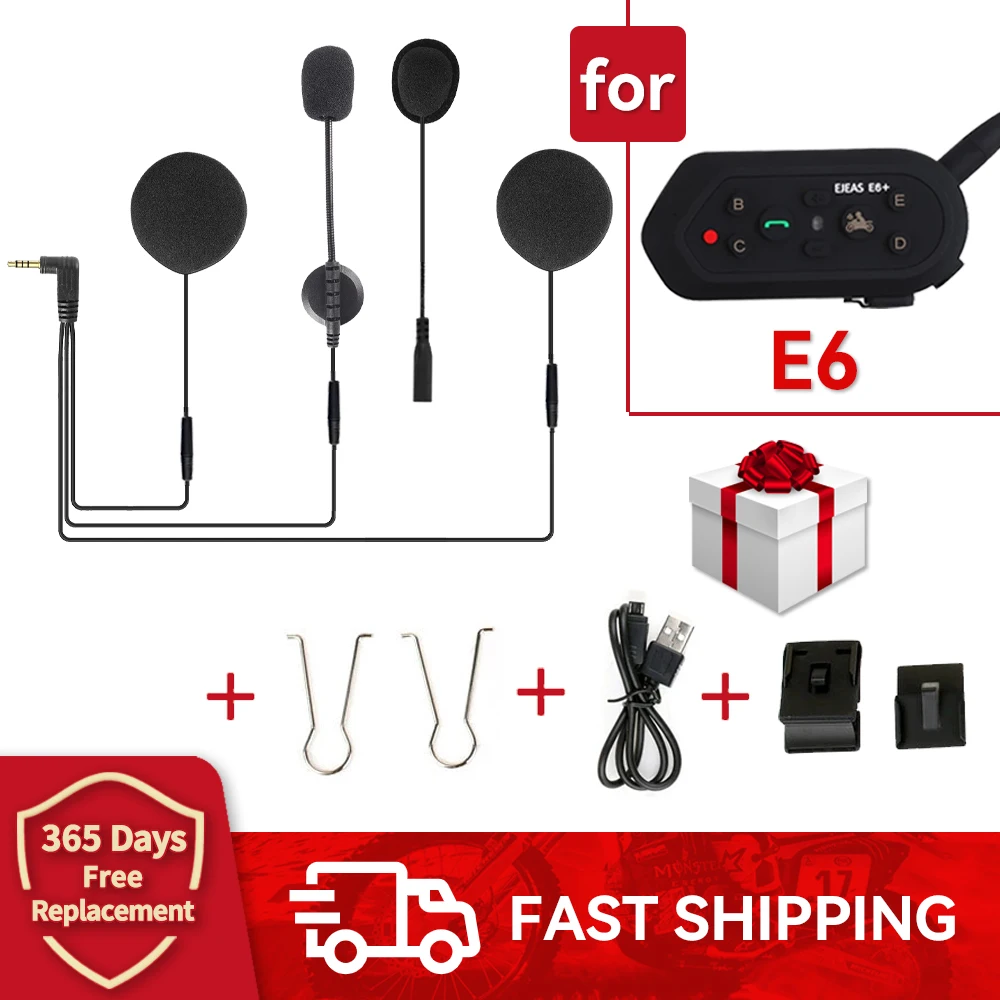 

E6 Motorcycle Bluetooth Interphone Microphone Speaker Headset for EJEAS E6 Plus Communicator Intercom with Clips Bracket Gift