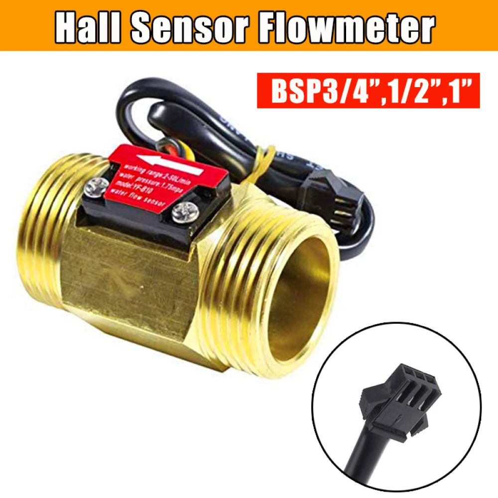 

1-50L/min Hall Flowmeter Water Flow BSP 3/4",1/2",1 Thread 3 Sizes Optional 15V Hall Flowmeter Turbine Flow Meter Copper Sensor