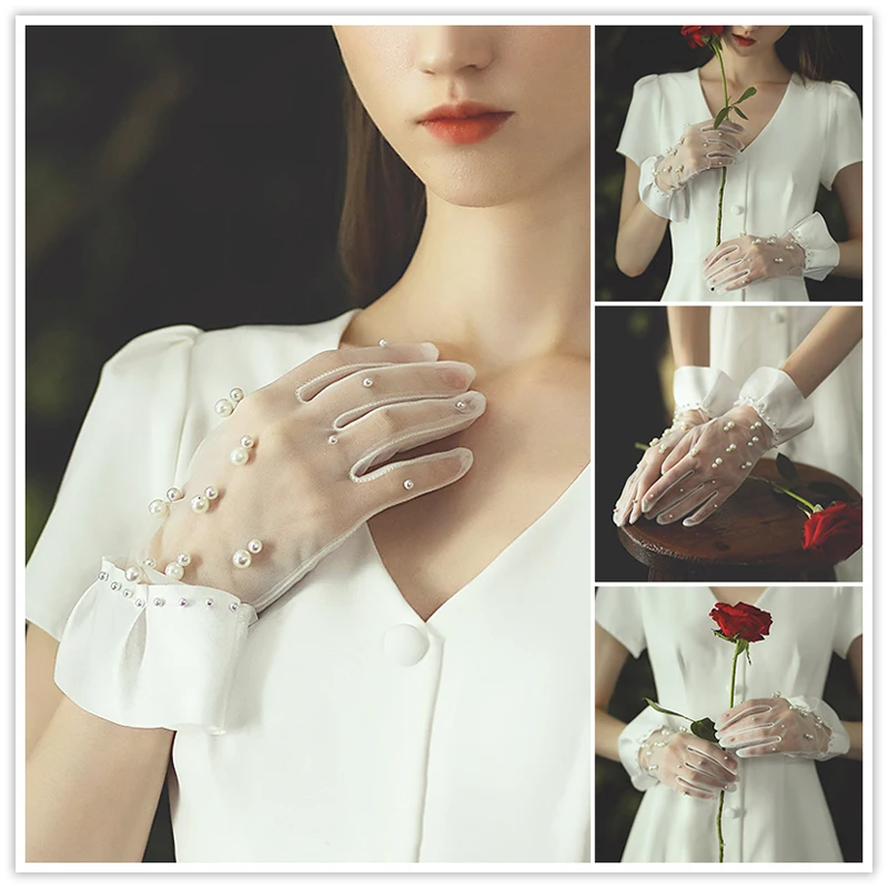 

1Pair Women'S Pearl Gloves Gauze Gloves Bridal Dress White Thin Yarn Gloves Elegant Fashion Bride Wedding Dress Gloves