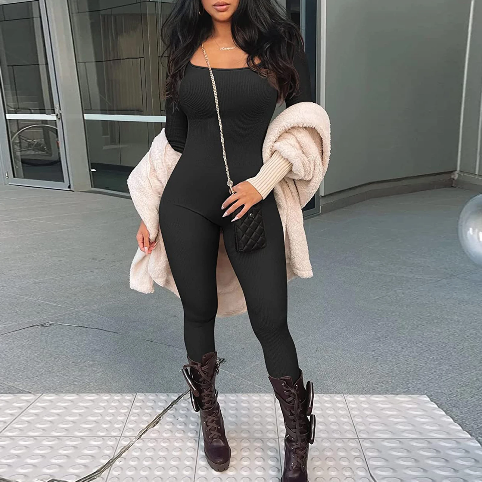 

Облегающий комбинезон с квадратным вырезом, Женское боди с длинным рукавом, однотонный цельный комбинезон, спортивный костюм с высокой талией