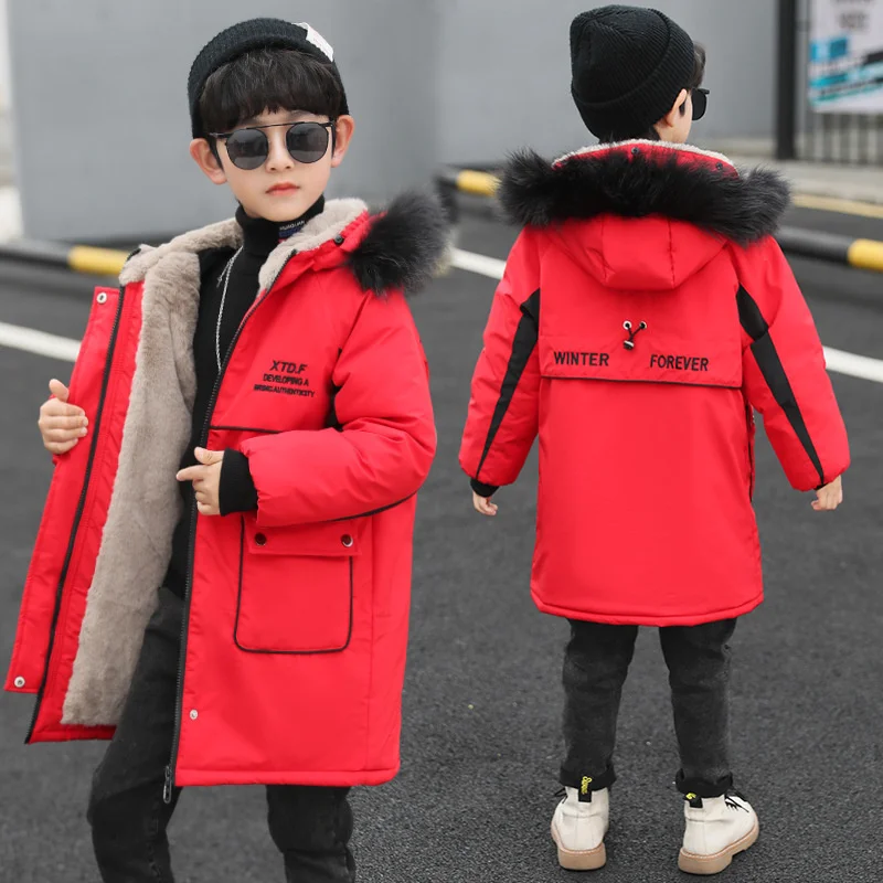 

t Children Plus Velvet Warm Jacket Teen parka Boy Winter faux fur Coa Boys Long Jacket Winter Hooded Thick Fashion kids Clothes
