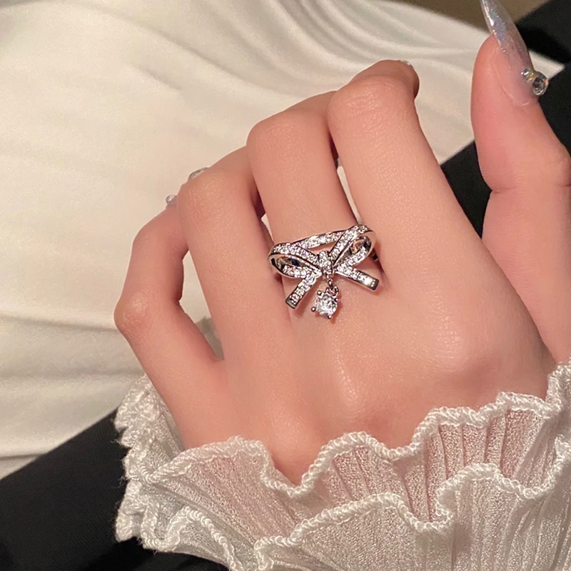 

DREJEW Zircon Bowknot Water Drop Tassel Open Mouth Ring for Career Women Luxurious Geometric Letter D Ring Party Jewelry Gift