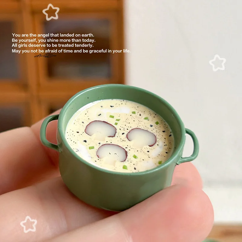 1/12 Scale Cream Mushroom Soup Pot Oven-Made Miniatures Dollhouse Kitchen Simmer Craft Cream Soup Pretend Play Model Toys