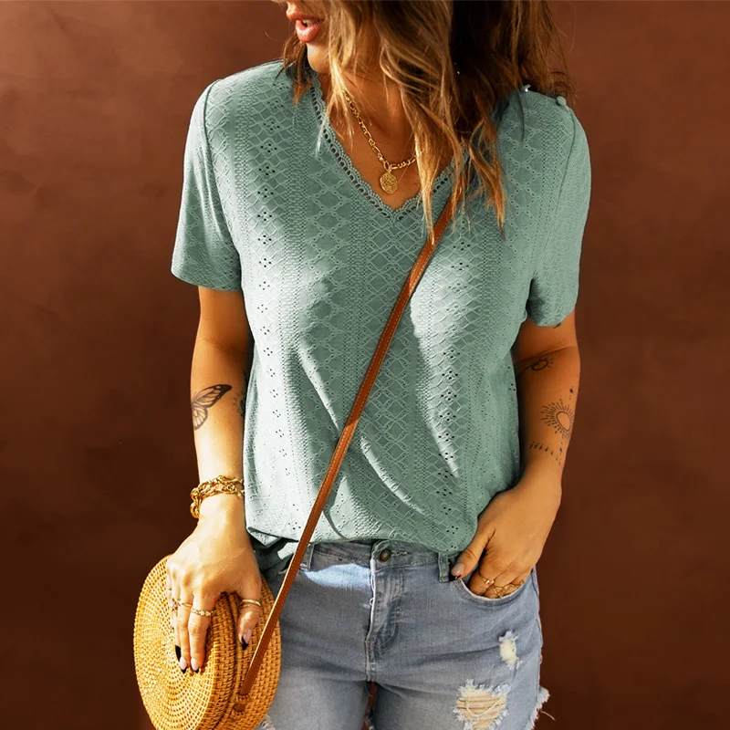 Новая летняя блузка с вырезами и коротким рукавом женский белый зеленый пуловер