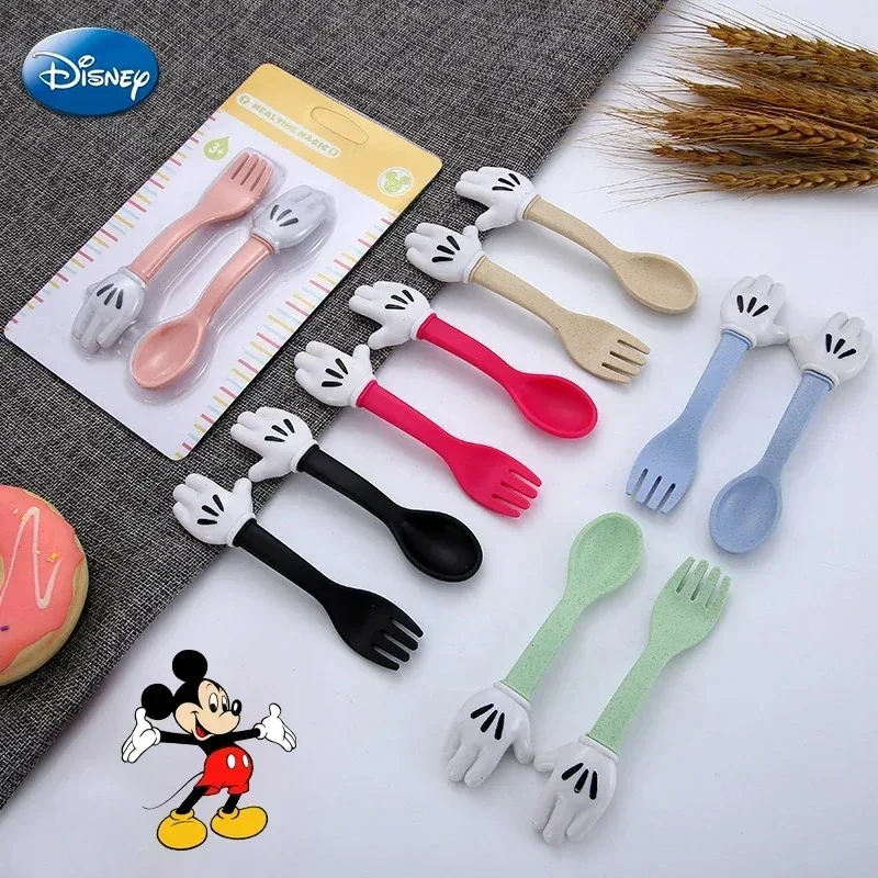 Фото Disney Микки Маус, вилка из пшеничной соломы, ложка, посуда, детский мультяшный милый обед, набор посуды, фруктовая вилка, десертная кофейная ложка, комплект №3
