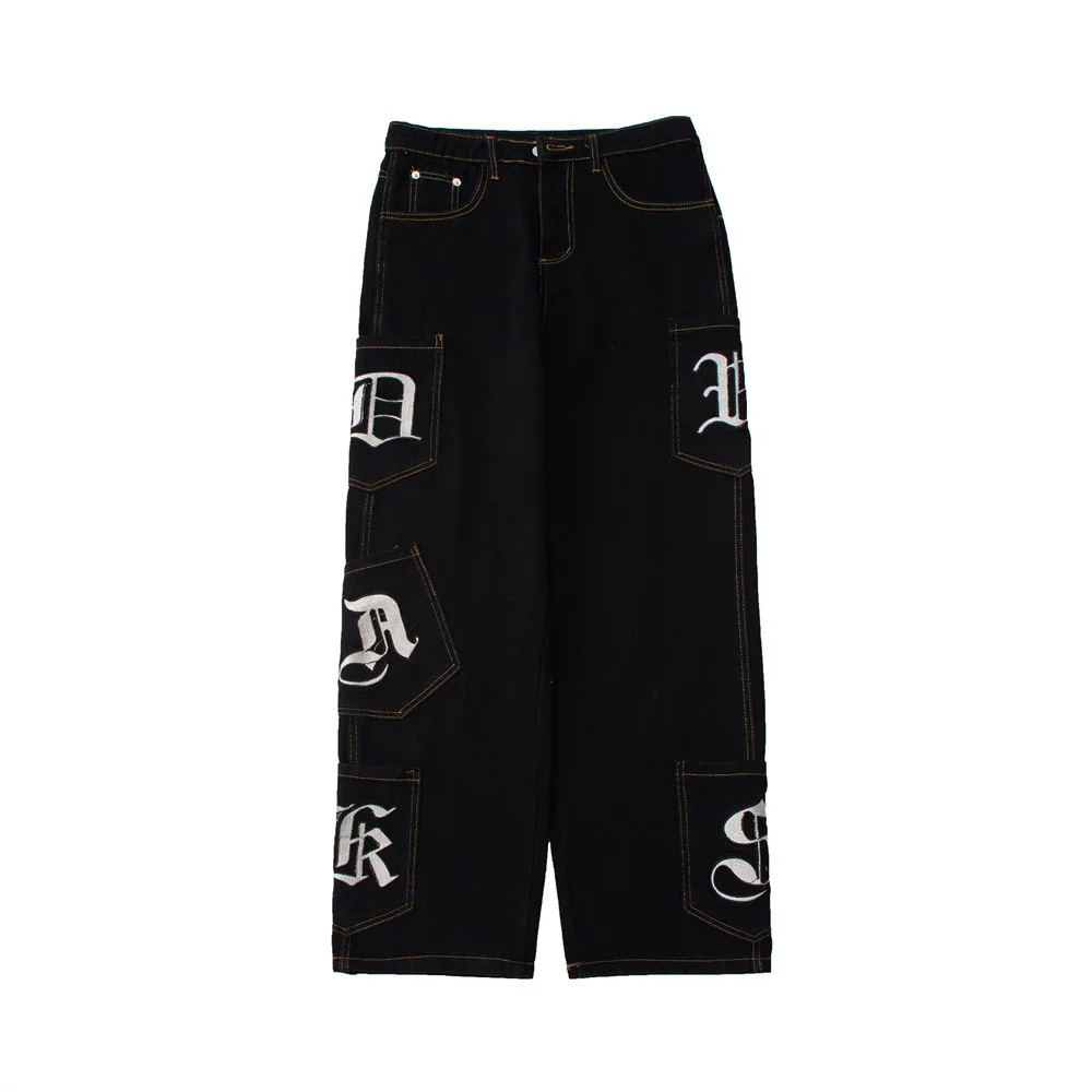 Sanskrit embroidered letters multi-pocket washed jeans men's street INS tide brand loose straight trousers wide-leg pants