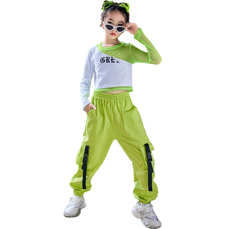 

Children Hip Hop Dance Clothes Girls Jazz Catwalk Costume Crop Tops Green Cargo Pants Modern Street Dancing Stage Wear 120-180