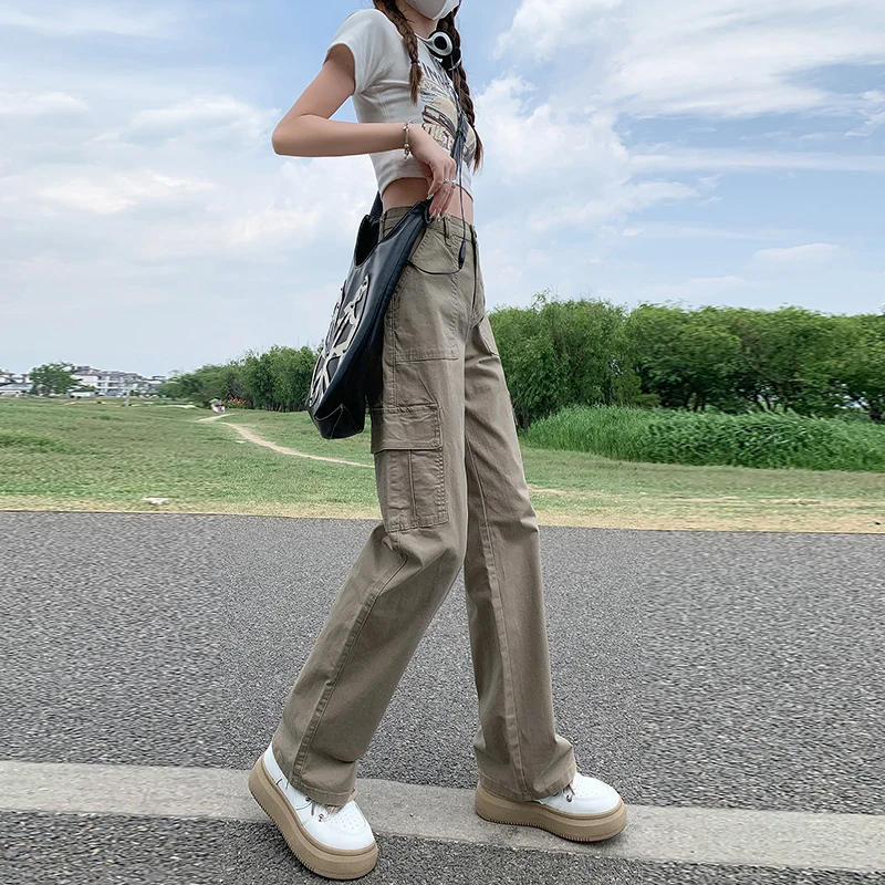 Workwear jeans women's summer trousers khaki new 2023 American style high waist loose casual straight wide leg mopping pants