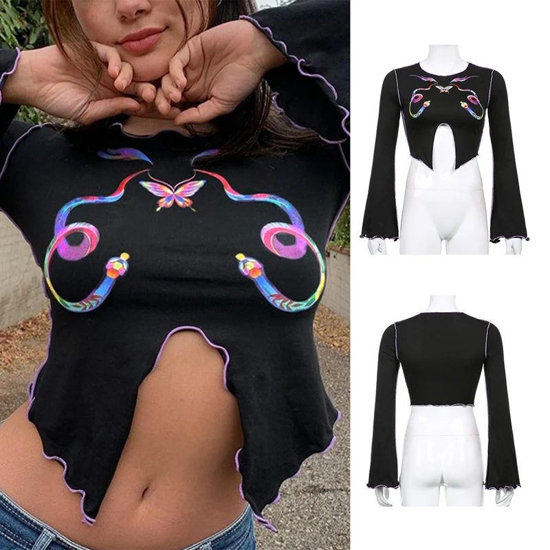

Женский винтажный Топ Goth в стиле панк, черный топ с расклешенным рукавом и разрезом, с принтом бабочки и оборками