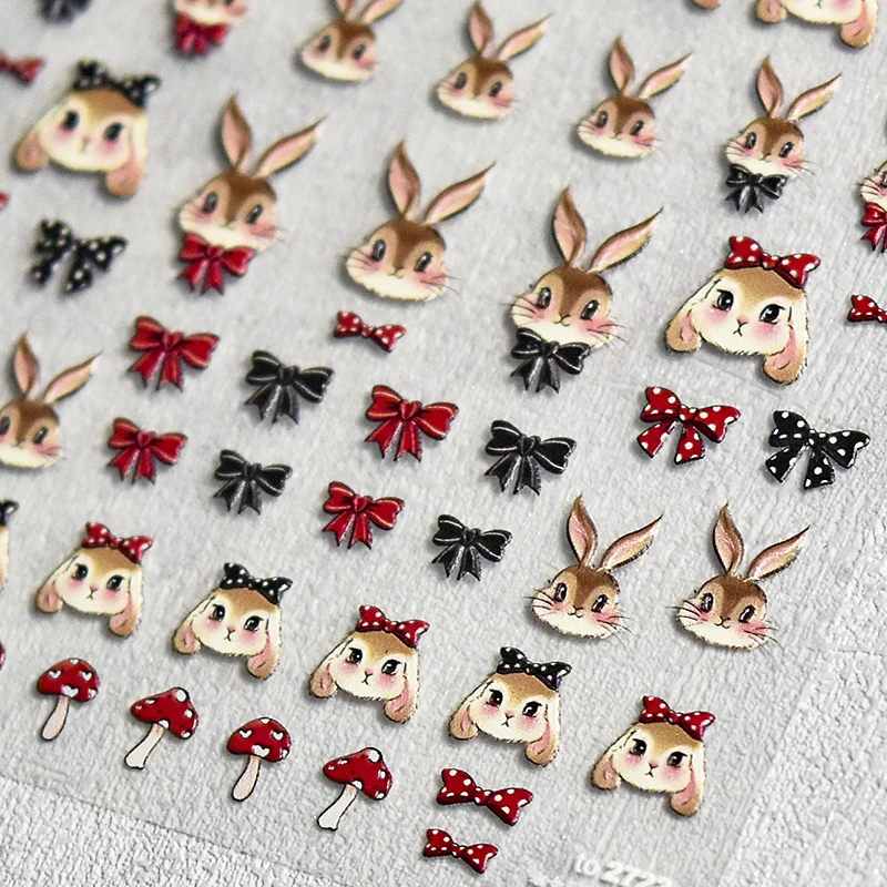 

DIY Cute Rabbit Red Black Bowknot 5D Embossed Reliefs Self Adhesive Nail Art Decorations Stickers Lovely Bunny 3D Manicure Decal