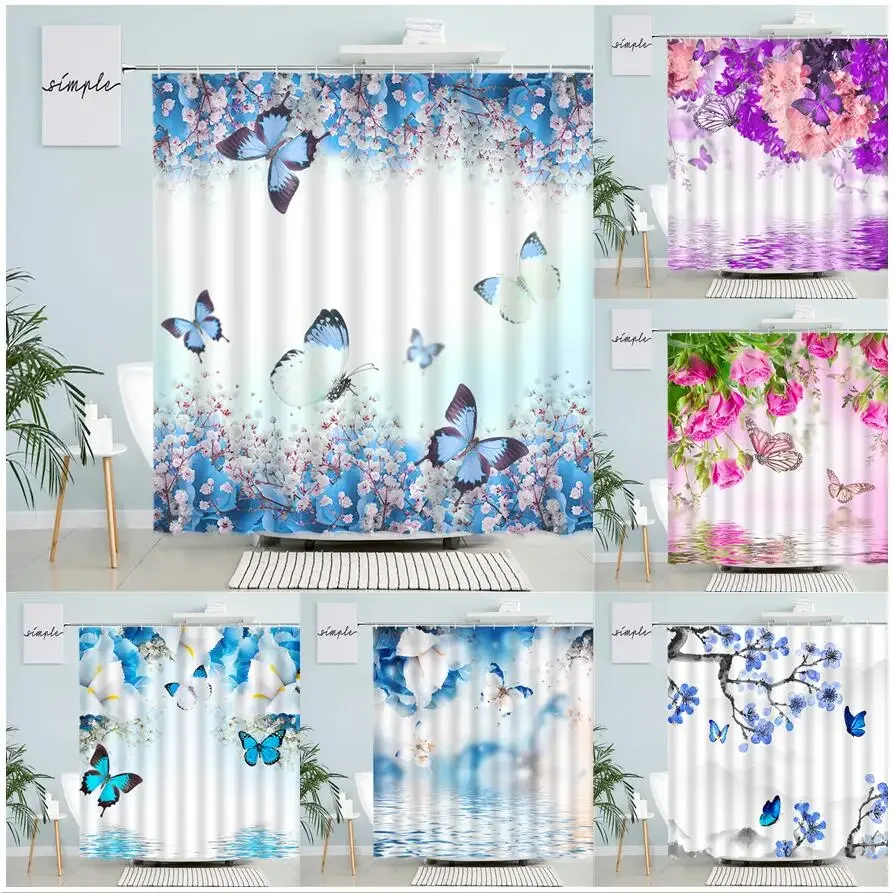 Синяя цветочная занавеска для душа с бабочкой натуральная розовая роза акварель