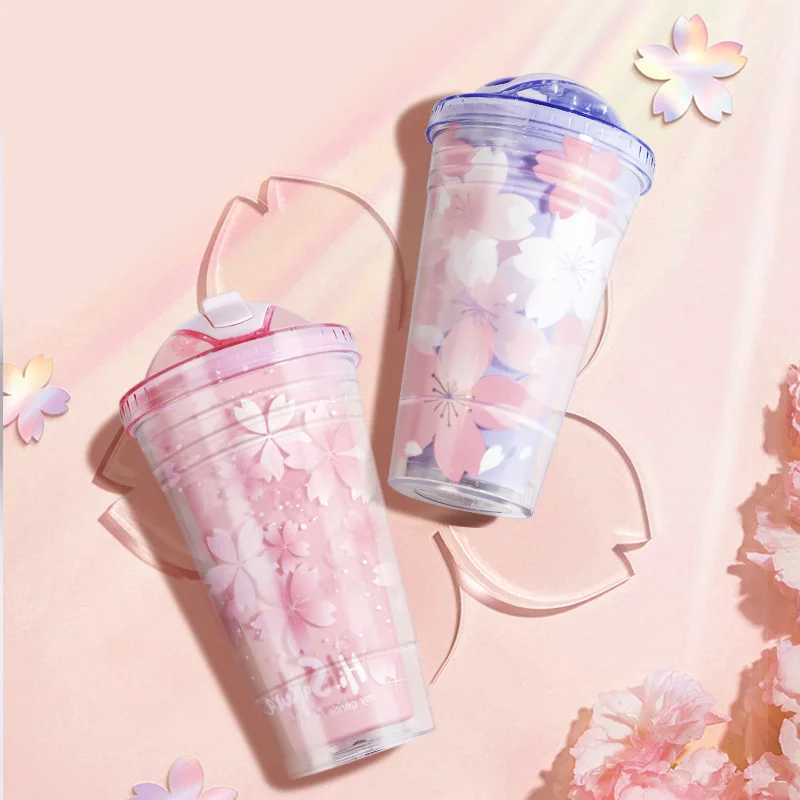 

Sakura Plastic Cup with Lid Straw Water Bottle Drinking Juice Milk Coffee Mug Double Wall Insulated Tumbler BPA Free