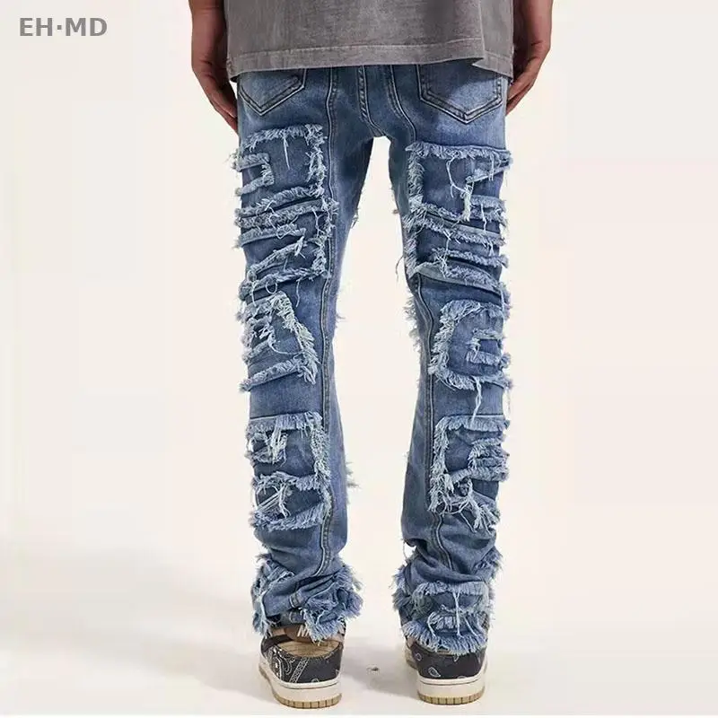 Retro Hole Ripped Distressed Jeans for Men Straight Washed Harajuku Hip Hop Loose Denim Trousers Vibe Style Casual Pants Cotton