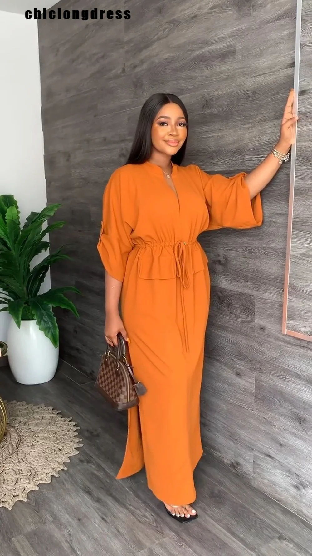 

Autumn Casual Loose Split Long Dress Women Fashion Solid V-neck Lace-up Straight Long Dress Women