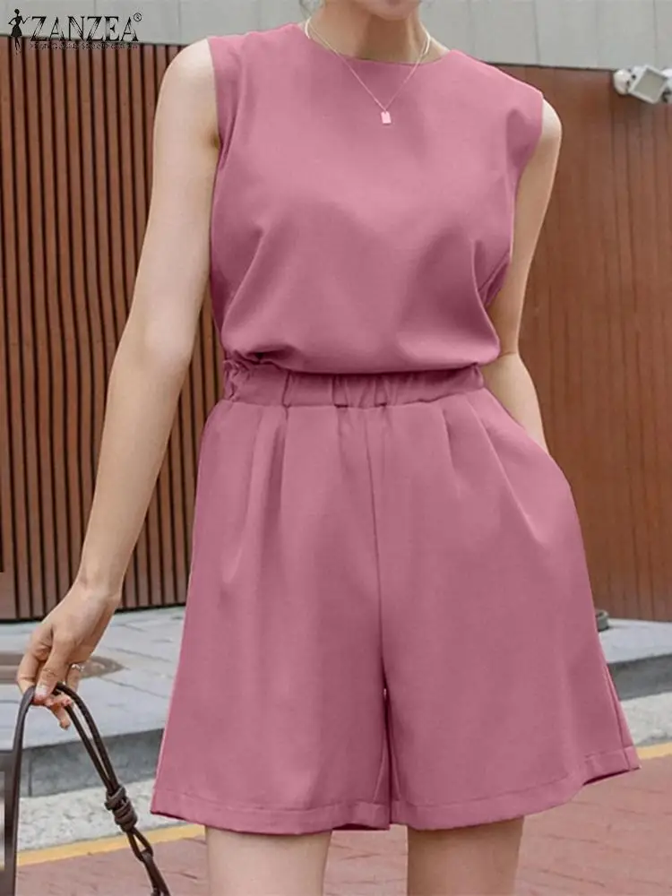 

Женская майка без рукавов и шорты ZANZEA, повседневные однотонные комплекты из 2 предметов, модные подходящие костюмы с эластичной талией, летний цвет
