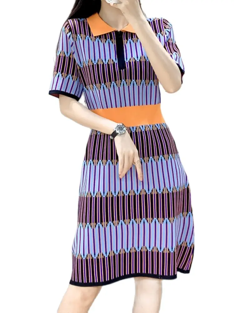 

Трикотажное платье высокого качества, Новинка лета 2022, трикотажная юбка с контрастными лацканами, тонкая трапециевидная юбка на талии, модн...