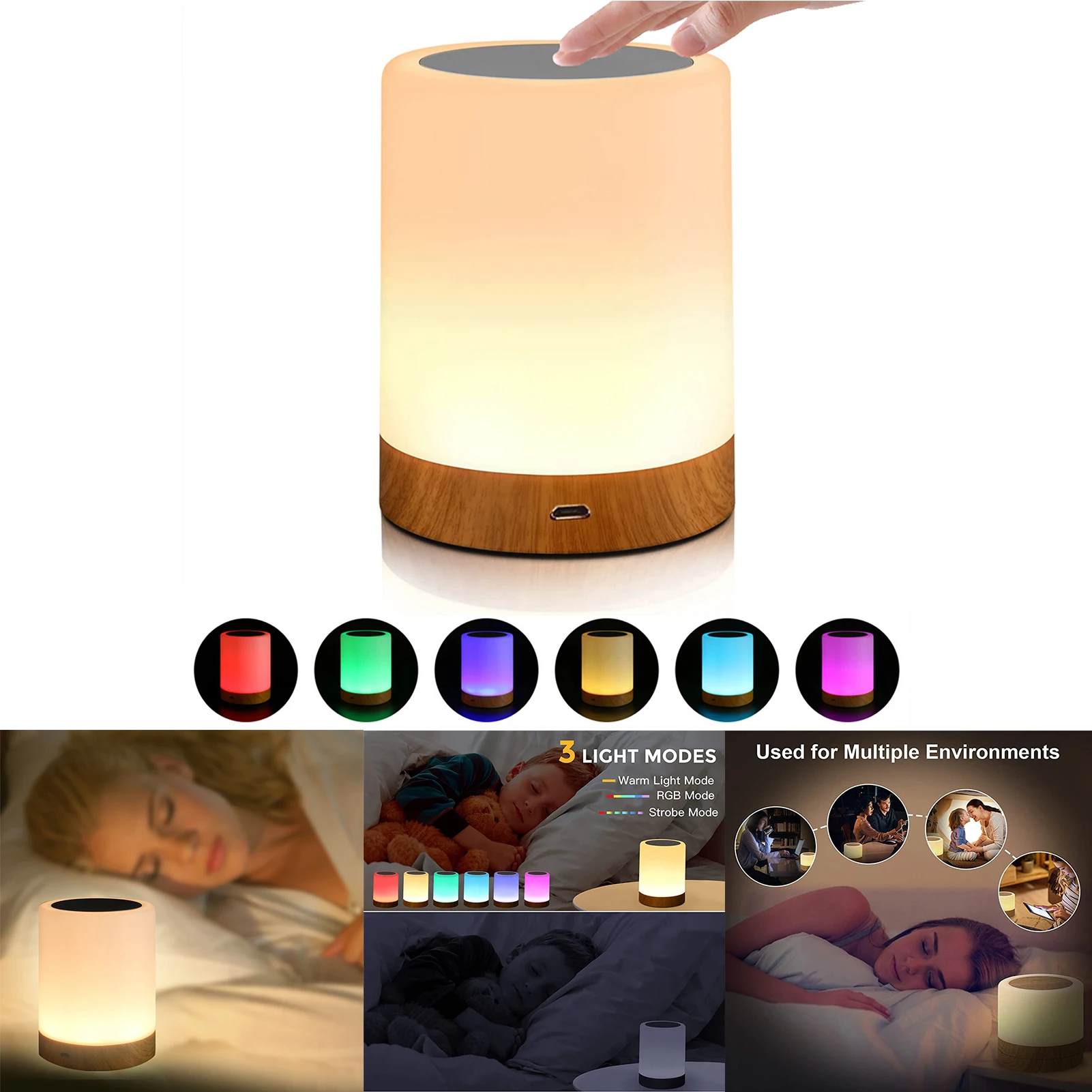 

7Coloful LED Touch Sensor NightLight USB Rechargeable Portable BedsideTable Atmosphere Lamp Dimmable Room Office Home Decoration