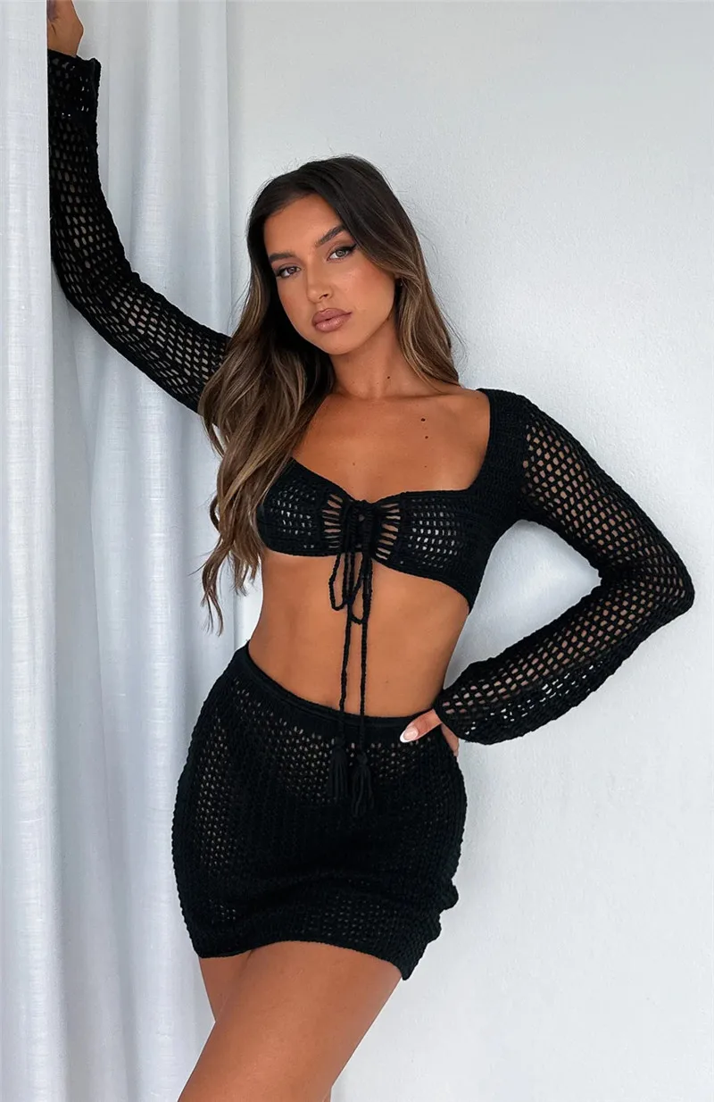 Летняя вязаная крючком пляжная одежда накидки короткий топ с длинным рукавом и