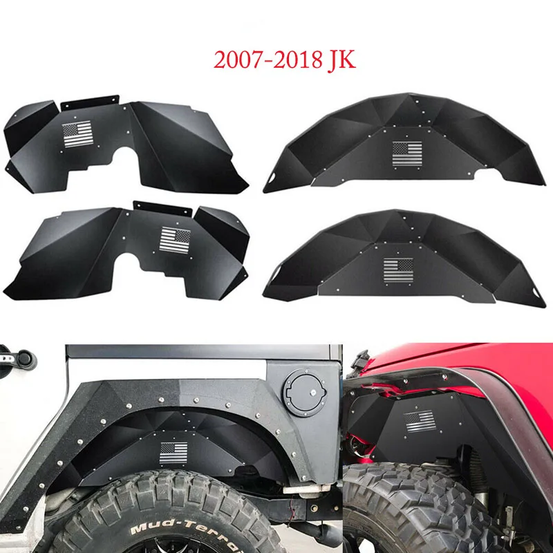 

Передние и задние внутренние вкладыши крыла подходят для Jeep Wrangler 2007-2018 JK JKU 4WD логотип американского флага черный алюминий легкие брызговики