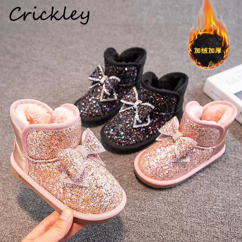 

Princess Bling Bow Girls Snow Boots Fashion Plush Warm Soft Ankle Shoes For Kids Solid Crystal Thick Anti Slip Children Boots
