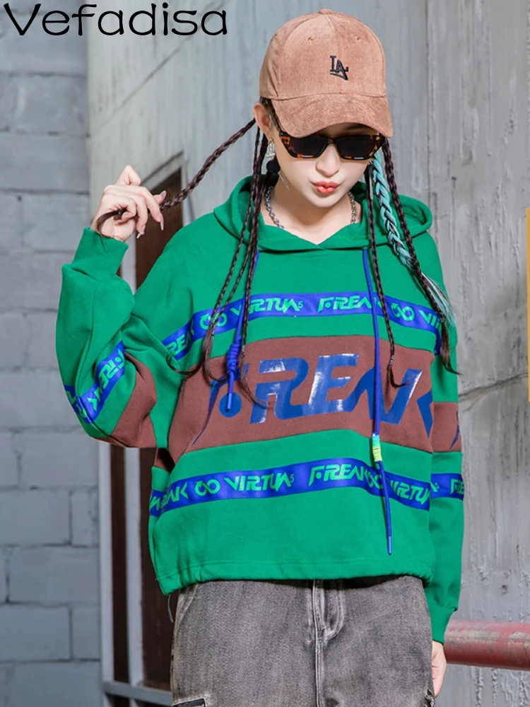 

Women Long Sleeves Green Hooded Sweatshirt Loose Age Reduction Printing Shrink Rope Sweatshirt 2023 Spring Autumn LHX1423